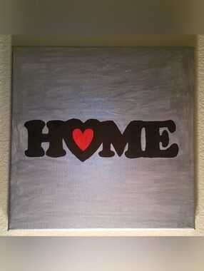 Original Hand-Painted "HOME" Canvas | Modern Gray & Red Heart Wall Art